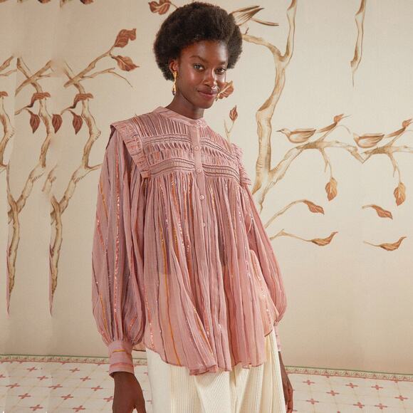 FARM RIO Pleated Yoke Blouse Light Pink S - Picture 2 of 12